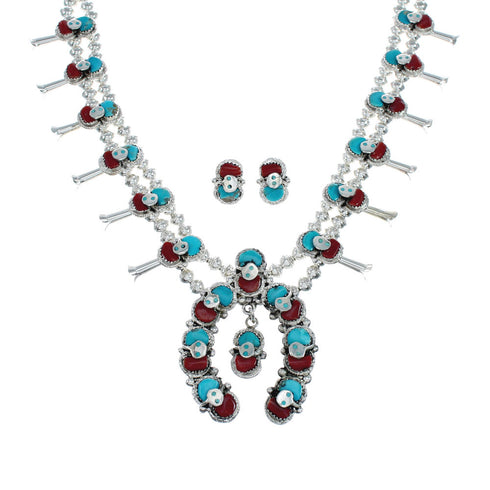 Zuni Turquoise And Coral Snake Squash Blossom Necklace And Earrings Set NN20161